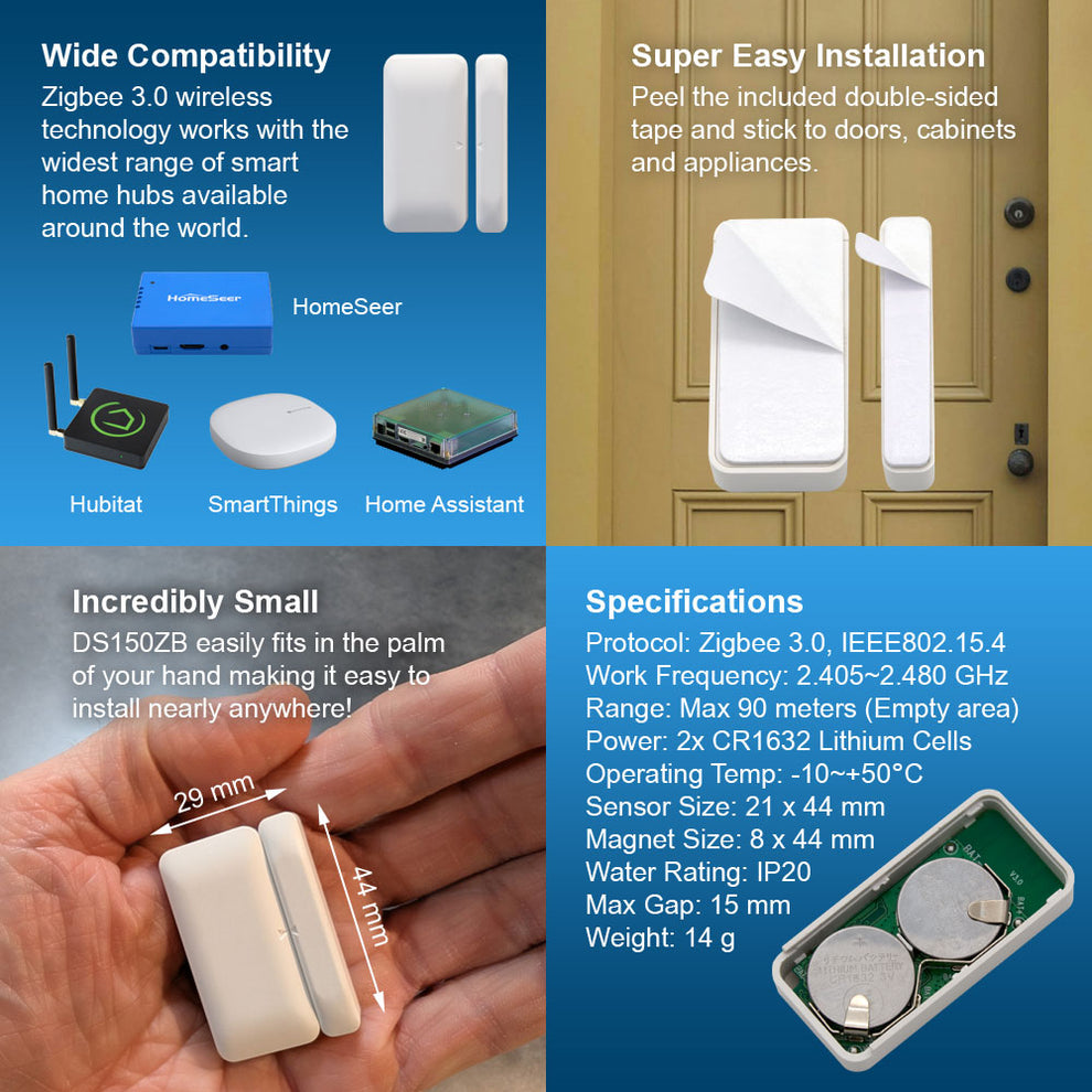 Smart Door & Window Sensor (HomeSeer DS150ZB), Zigbee 3.0 Technology,