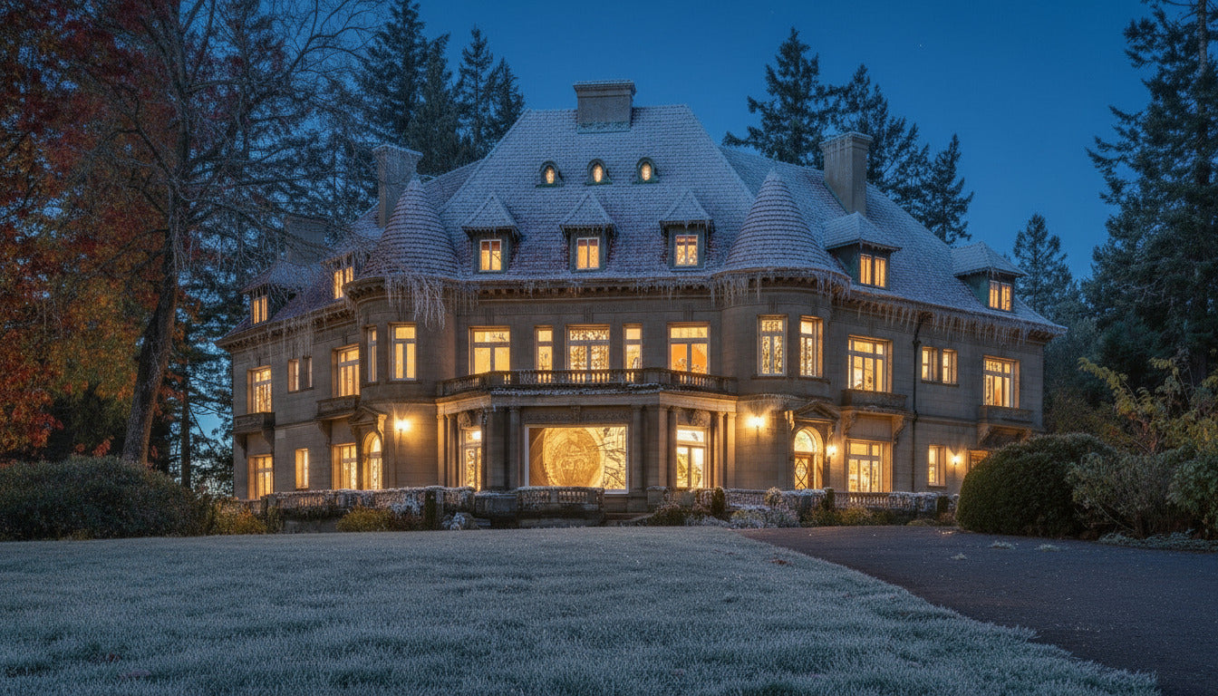 Large mansion with illuminated windows at night surrounded by trees.